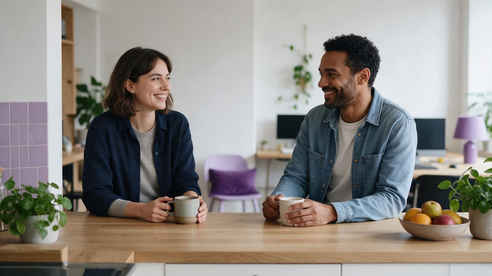 Two coworking members chat over coffee at the kitchen counter of a coworking space.